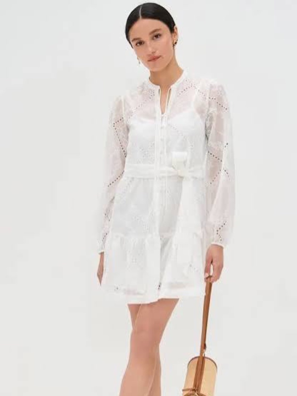 Large NWT Hill House Yara Long Sleeve Mini Dress in White, Patchwork Organza